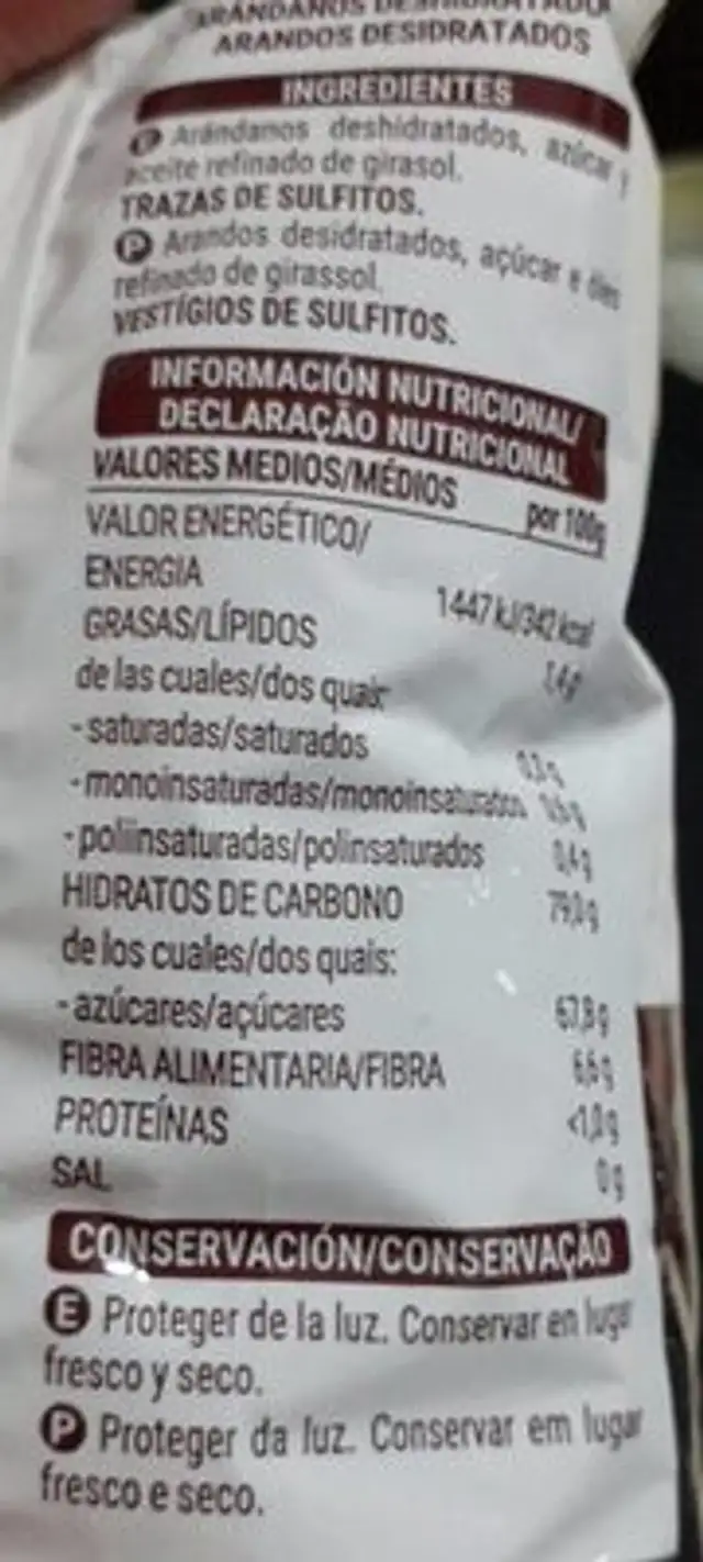 Arándanos deshidratados nutrition facts table