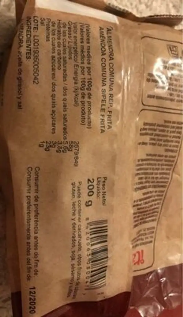 Frutos secos nutrition facts table