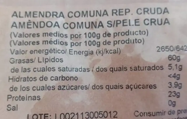 Frutos secos nutrition facts table