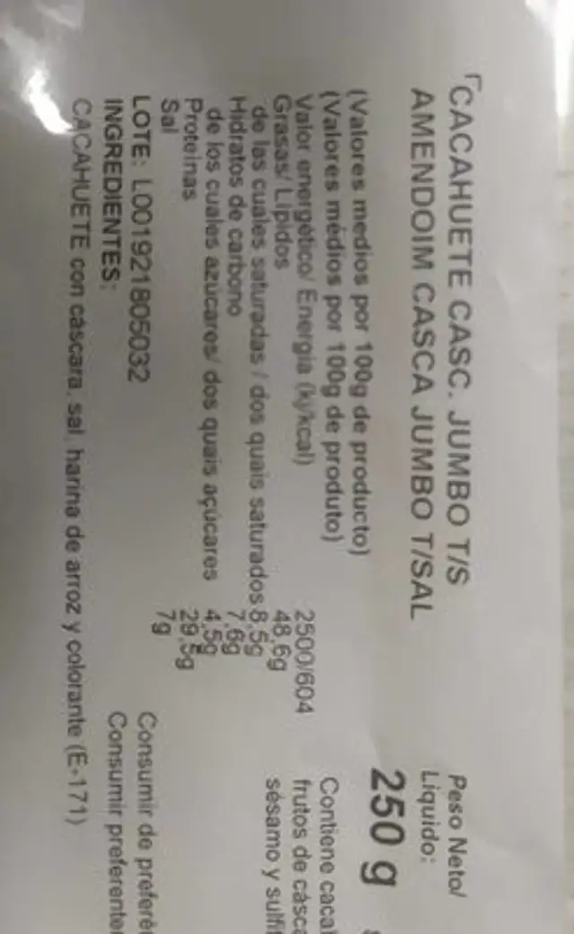 Cacahuete cascara jumbo T/SAL nutrition facts table