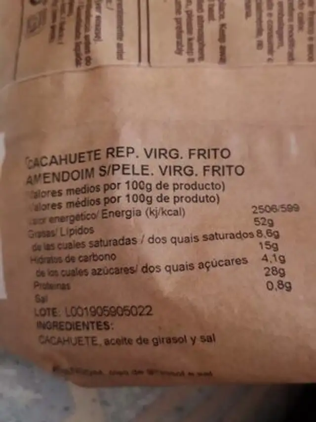Unknown nutrition facts table