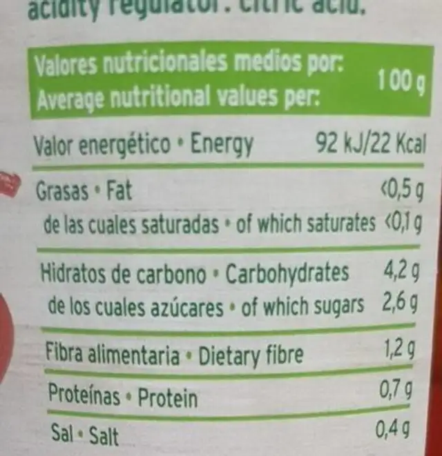 Pimiento rojo asado tiras nutrition facts table