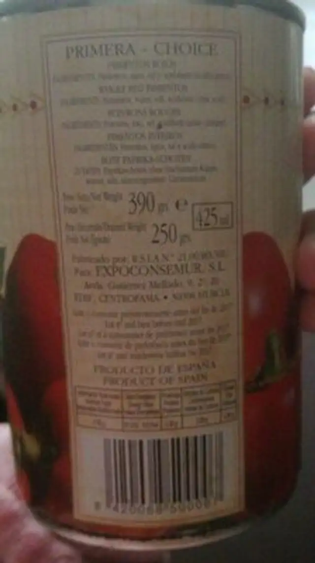 Pimientos rojo nutrition facts table