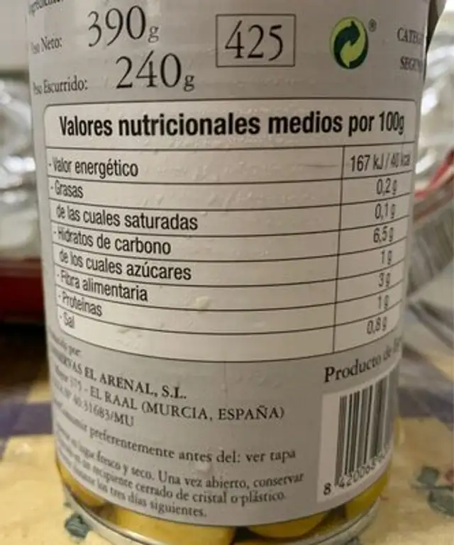Corazones de Alcachofas nutrition facts table
