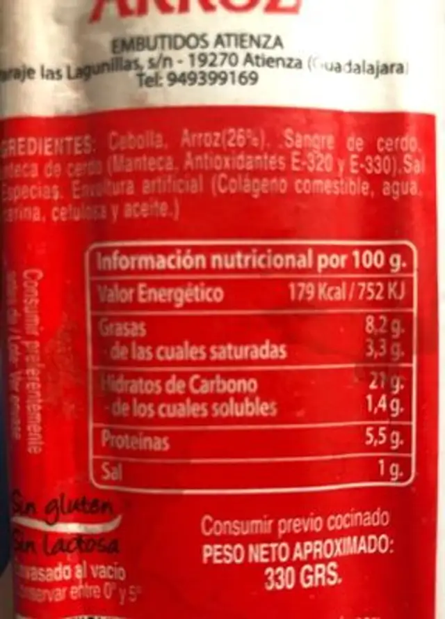 Morcilla de arroz nutrition facts table