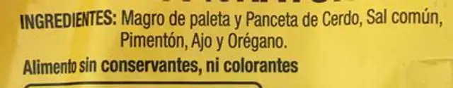 Chorizo Extra 100% Natural ingredients label