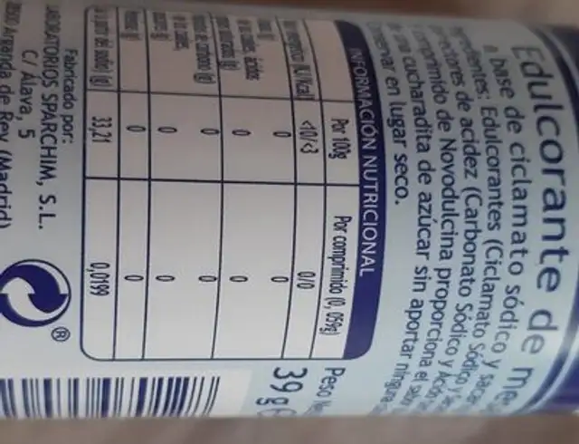 Edulcorante Novodulcina nutrition facts table