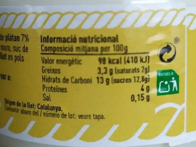 Iogurt amb plàtan nutrition facts table