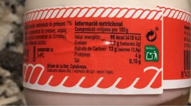 Iogurt amb pressec nutrition facts table