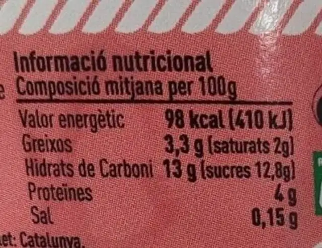 Iogurt Maduixes nutrition facts table