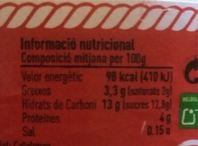 Iogurt de ciruela nutrition facts table