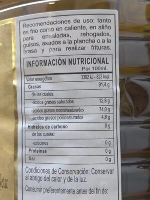 Aceite de oliva virgen extra nutrition facts table