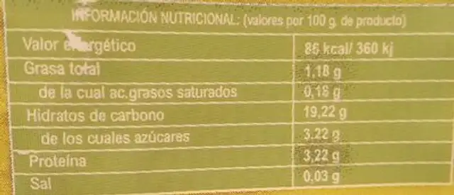 Maíz Dulce Cocido nutrition facts table