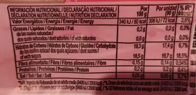 Paletas original nutrition facts table