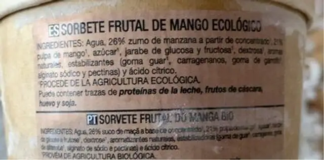 Sorbete de mango de motril nutrition facts table