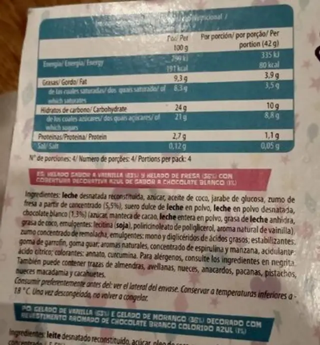 Helado Pony nutrition facts table