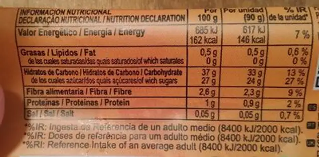 Palettas original melocotón nutrition facts table