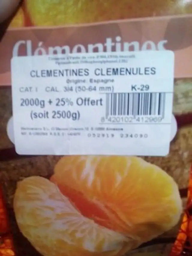 Clémentine ingredients label