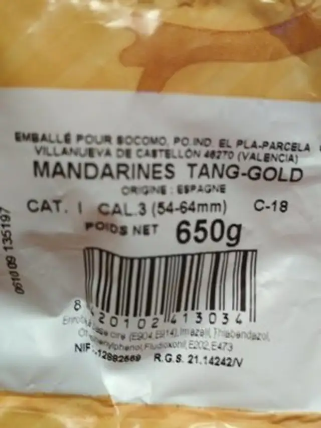 Mandarines Tang-Gold sans pépin d'Espagne ingredients label