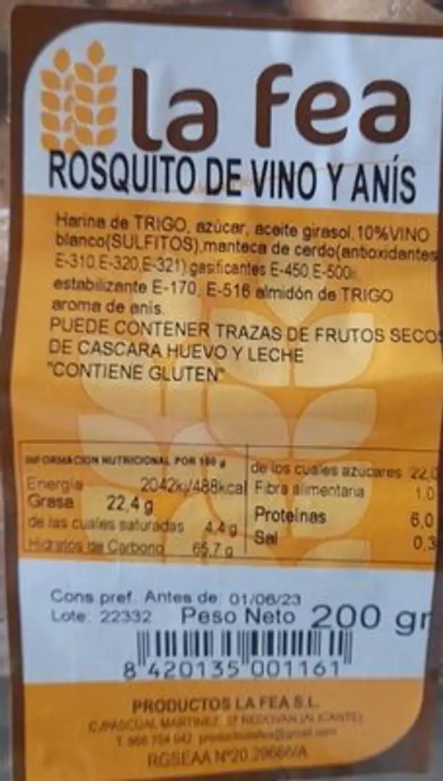 Rosquito de vino y anís nutrition facts table