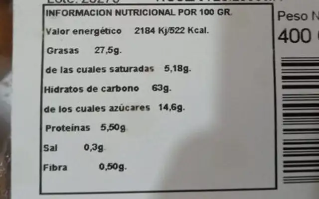 Rosquitos de Almendras nutrition facts table