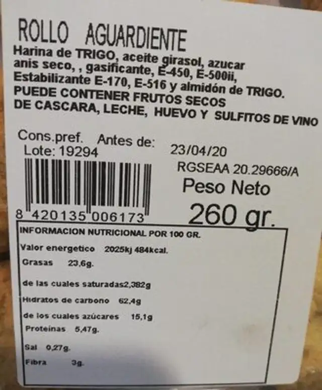 Rollo de aguardiente nutrition facts table
