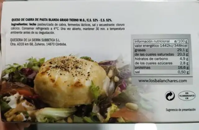 Queso de cabra nutrition facts table