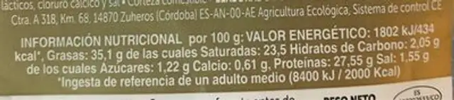 Queso de cabra Sujaira curado nutrition facts table