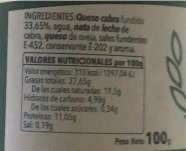 Crema al queso cabra nutrition facts table
