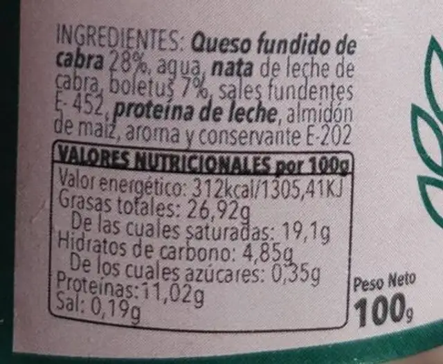 Crema al Queso Cabra con Boletus nutrition facts table