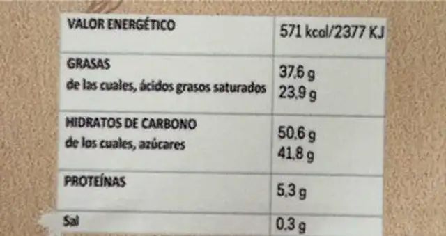 Chocolate Negro Flor de Sal nutrition facts table