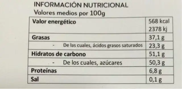 Chocolate con Leche nutrition facts table