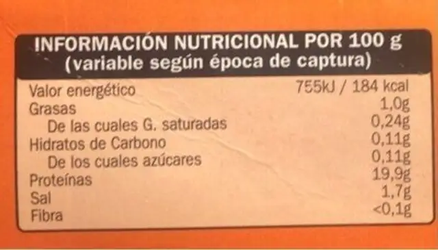 Gamba Alistada nutrition facts table