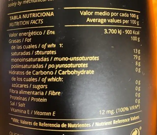Aceite de oliva virgen extra Arbequina nutrition facts table