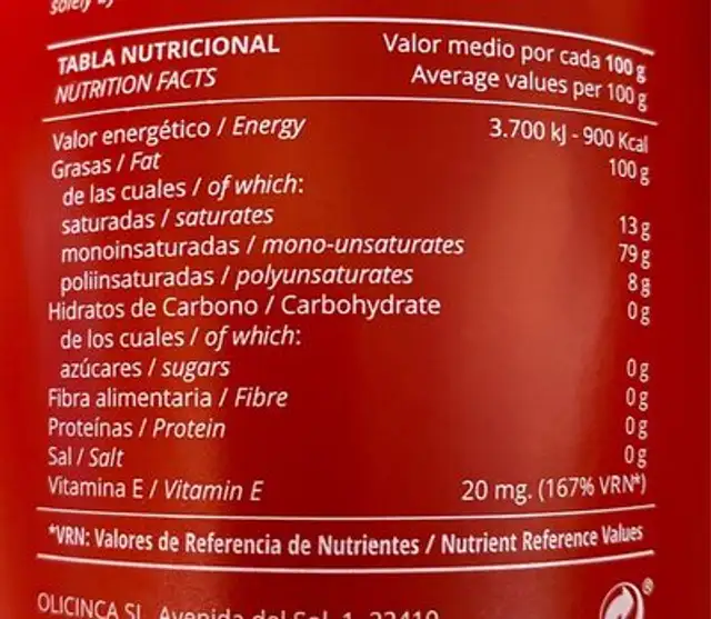 Aceite de oliva virgen extra. Picual nutrition facts table