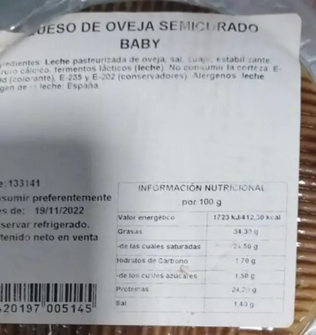 Queso de oveja nutrition facts table