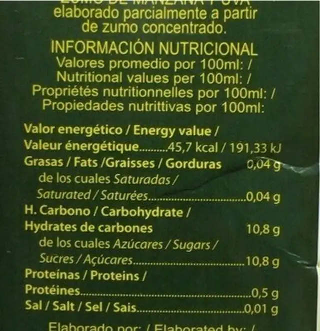 Zumo de manzana y uva nutrition facts table