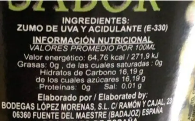 Mosto blanco nutrition facts table