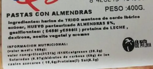 Pastas con almendras nutrition facts table