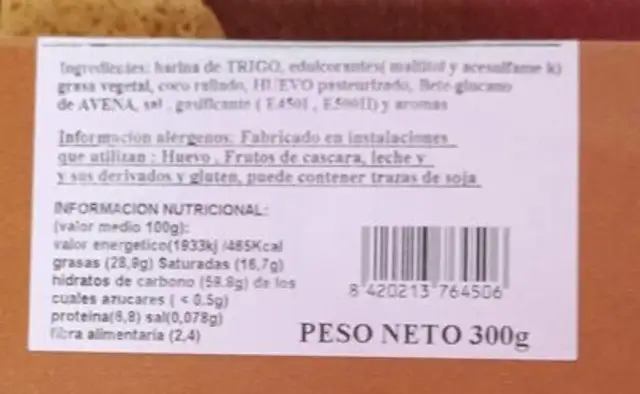 Rústicas coco nutrition facts table