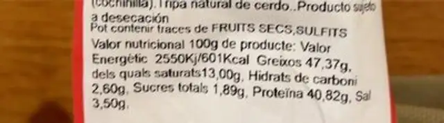 Fuet extra nutrition facts table