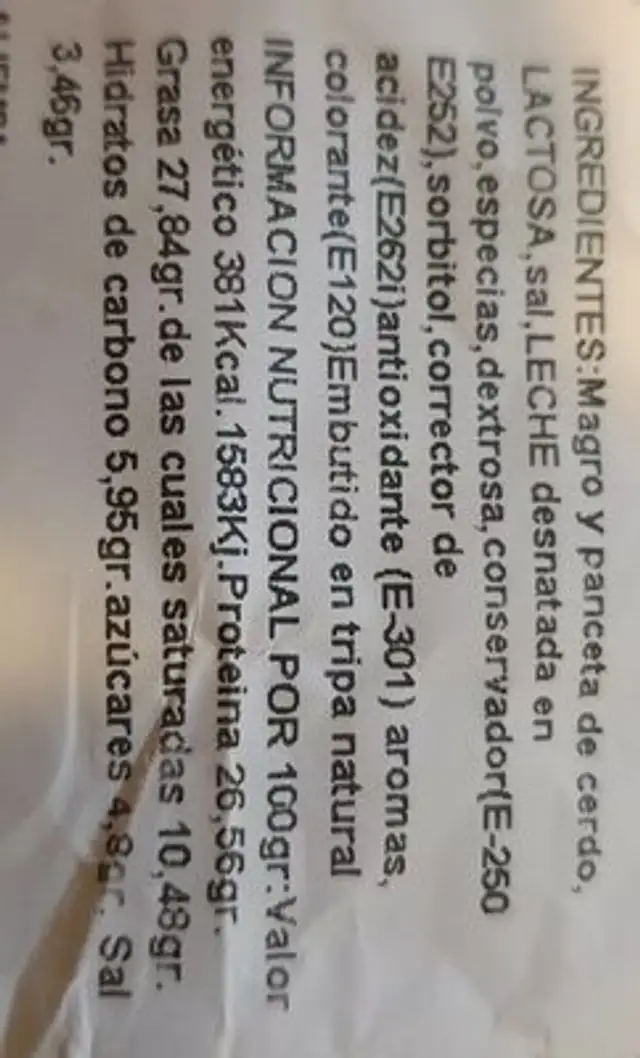 Secallona artesana nutrition facts table