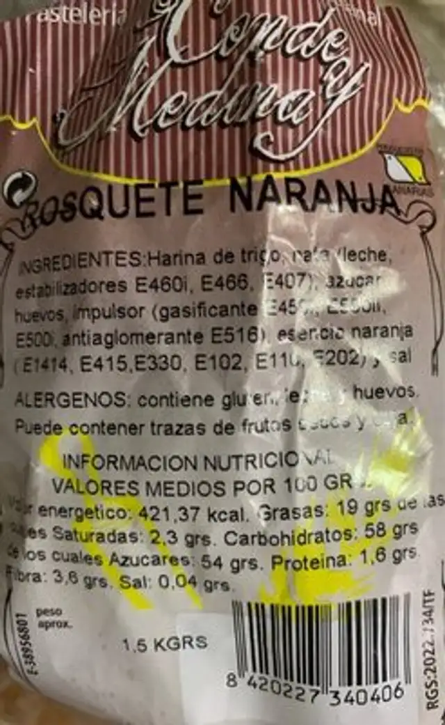 Rosquete naranja nutrition facts table