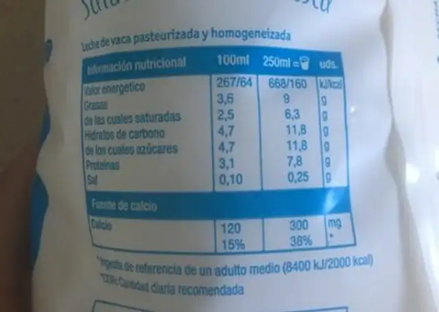 Leche Entera Fresca Valeme nutrition facts table