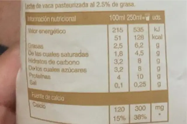 Leche fresca nutrition facts table