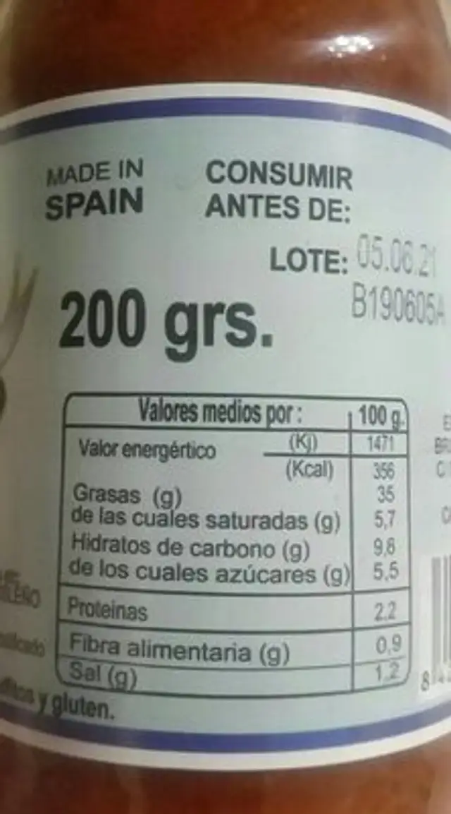 Mojo palmero nutrition facts table
