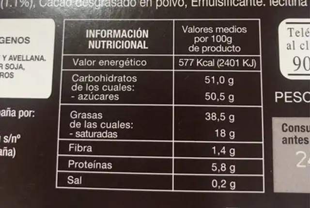 Mouse de Chocolate con Leche nutrition facts table