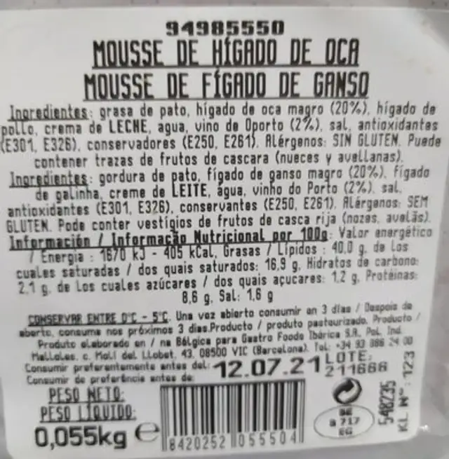 Mousse de hígado de oca nutrition facts table