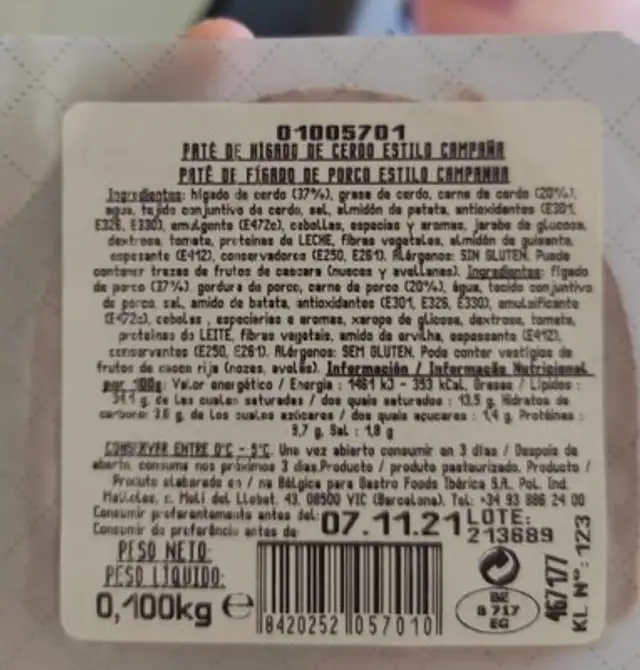 Paté campaña campestre nutrition facts table