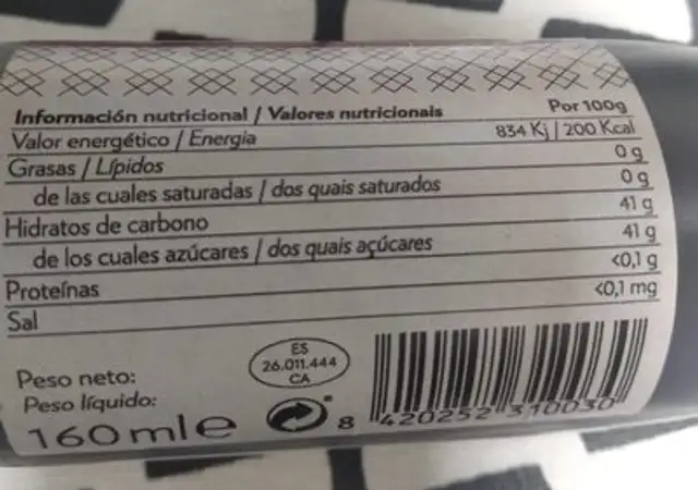 Salsa al vino dulce Pedro Ximénez nutrition facts table